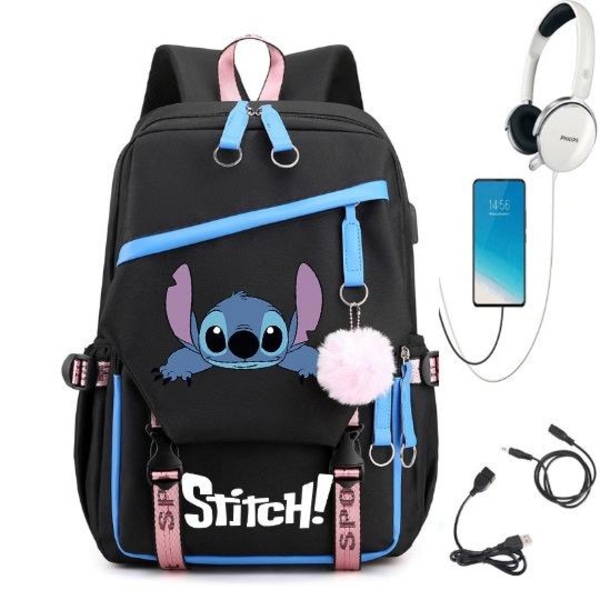 stitch ryggsäck barn ryggsäckar ryggväska med USB uttag 1st blå