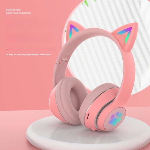 kattöron trådlösa hörlurar bluetooth led lights svart
