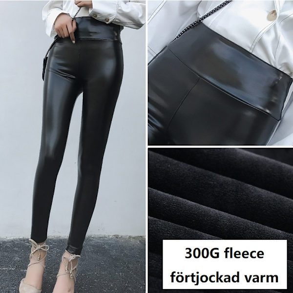 Vinter Varma Läder Svarta Sexiga Leggings Byxor Hög Midja Förtjockad Fleece L