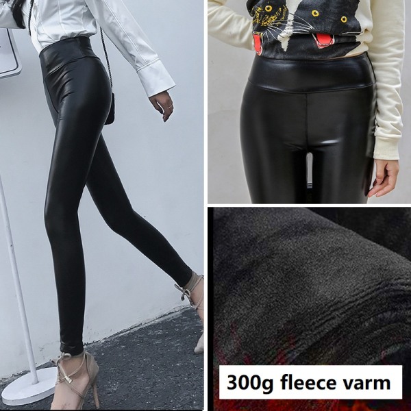 Vinter varm læder sort sexede leggings bukser høj talje fortykket fleece l