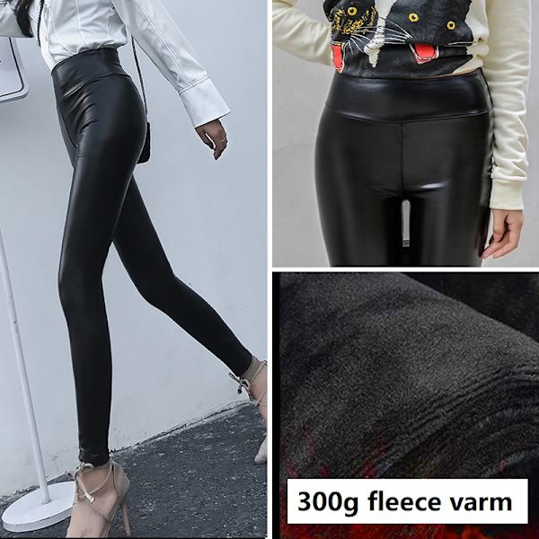Vinter Varma Läder Svarta Sexiga Leggings Byxor Hög Midja Förtjockad Fleece XL