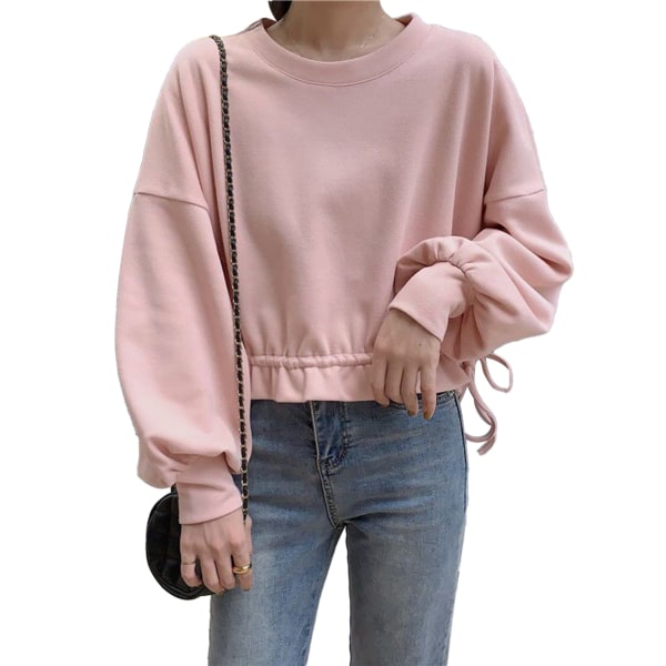 Women Crewneck Sweatshirt Elegant Casual Pure Color Long Sleeve Drawstring Hem Pullover Top Blouse Apricot M