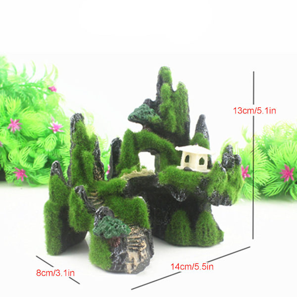 Akvarium Landskap Resin Simulering Flerbruks Mos Fjellutsikt Dekorasjon med Bro og Paviljong