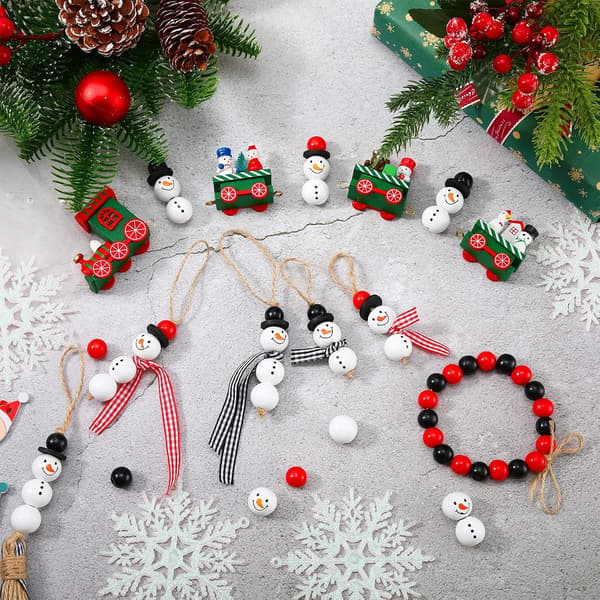 1 set Jul Snögubbe Träpärlor Vinter Träpärlor Träpärlor med DIY Snöre Halsduk Träpärlor för Hantverk