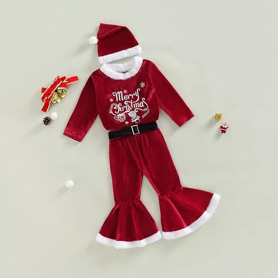 Julklädesset för flickor, Långärmad Sammet med Utsvängda Ben Jultomte Kostym 3 Delar Set