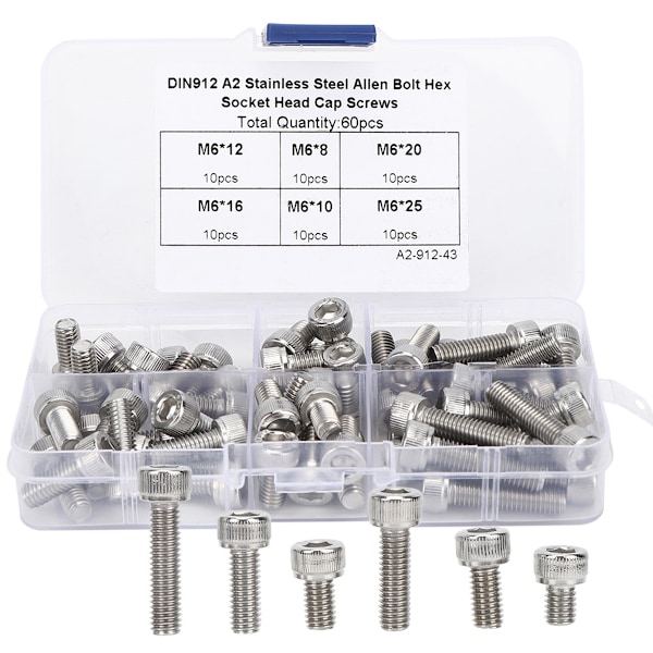 60PCS M6 Pan Head Screw Stainless Steel Stove Bolt of Different Sizes Hexagonal Head of Bolts and Nuts Set with Plastic Box