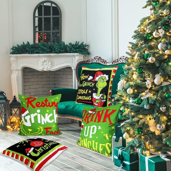 Set med 4 Grinch Julkuddöverdrag Set Juldekorationer Tillbehör