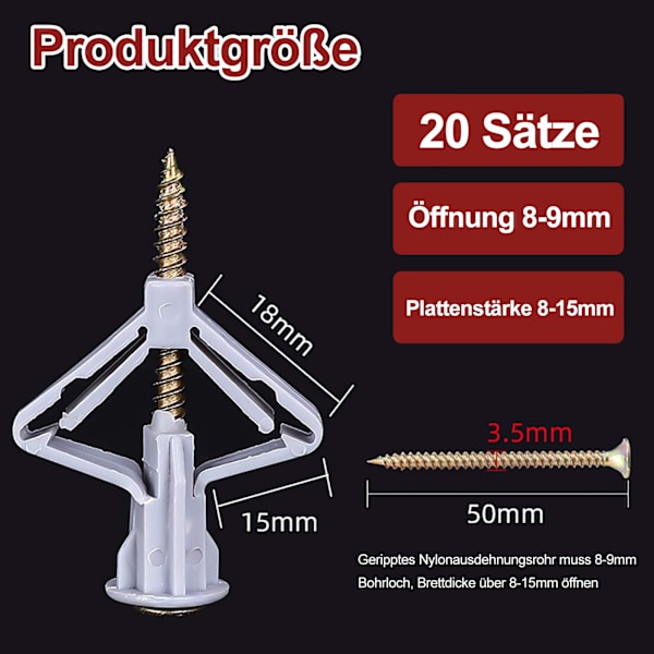 Pakke med 20 gipsplateplugger, universelle plugger M8 med skrue 50 mm, selvborende gipsplateplugger, skruer og sommerfugl hulromsplugger, for