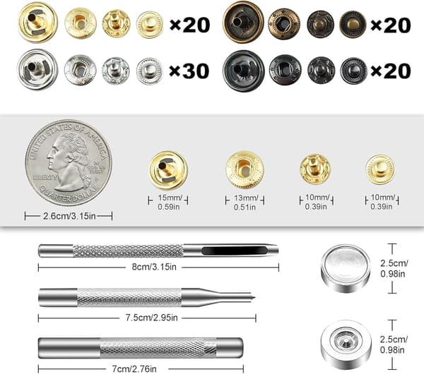 90 sæt 15 mm messing trykknapsæt med 4 monteringsværktøjer trykknapper til syning af jeans tasker
