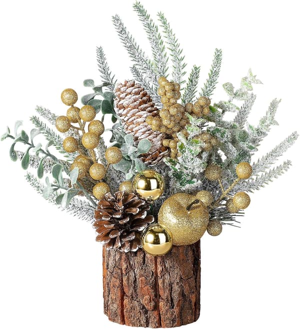 Litet julbordsträd med prydnader, kottar, bär, guld runt