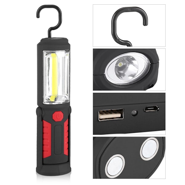 3W Uppladdningsbar COB LED Ficklampa Camping Nöd Arbetslampa med Magnetisk Stativ Röd