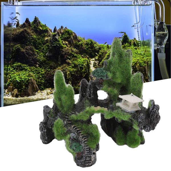 Akvarium Landskap Resin Simulering Flerbruks Mos Fjellutsikt Dekorasjon med Bro og Paviljong