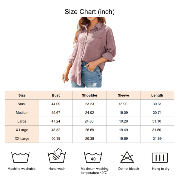 Women Corduroy Shirt Loose Casual Elegant Pure Color Long Sleeve Button Closure Blouse Tops with Pocket Pink XL