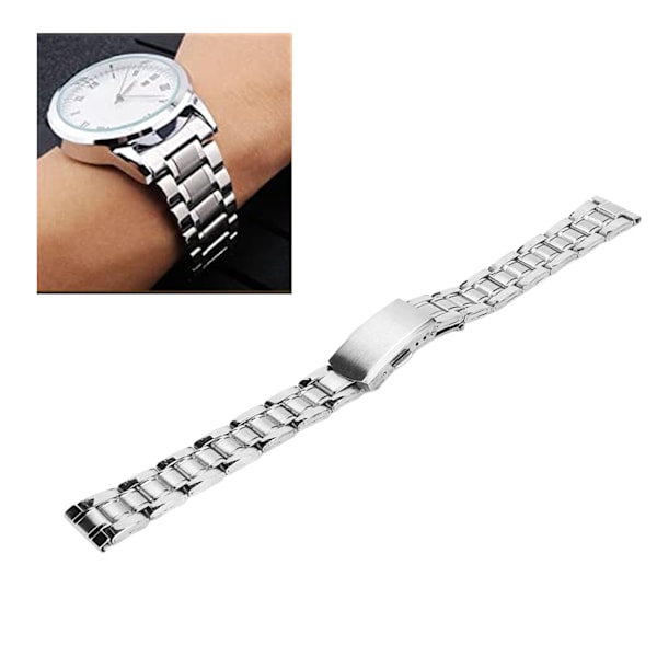 Metallklockarmband Snabbkoppling Utplaceringslås Dubbel Knapp Rostfritt Stål Klockarmband för Män Kvinnor Silver 16mm/0.63in