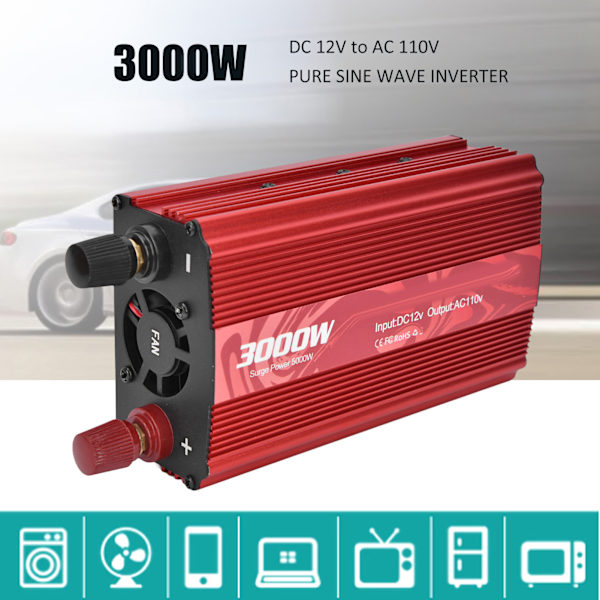 DC til AC-omformer i aluminiumlegering, smart reparasjon sinusformet strømforsyning 3000W 12V til 110V