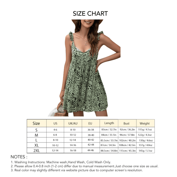 Naisten V-aukkoinen kesämekko, röyhelöinen spagettiolkaimet, kukkakuvioinen rento lyhyt mekko, vihreä, XL