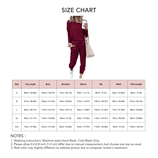 Women 2 Piece Outfit Loose Stretchy Stylish Long Sleeve Pullover Trouser Autumn Loungewear Pajamas Set Wine Red S