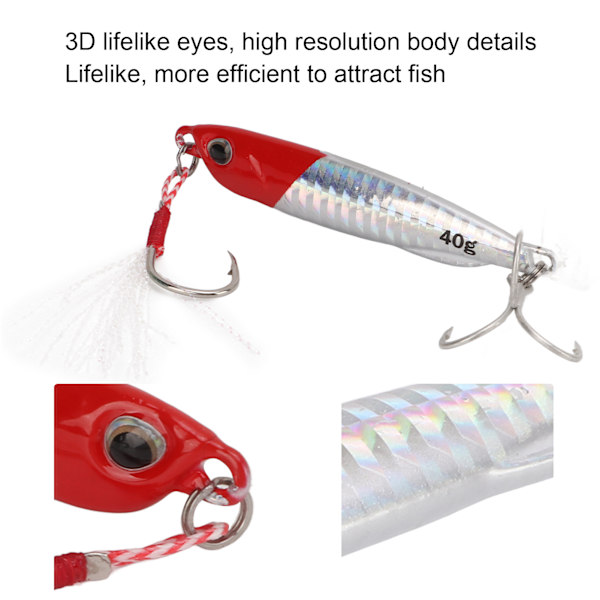 40g Metallfiske Lokke Langkastende Jigging Jernplate Hard Fake Bait med Dobbelkrok Fjær Rød Hode og Sølv Kropp