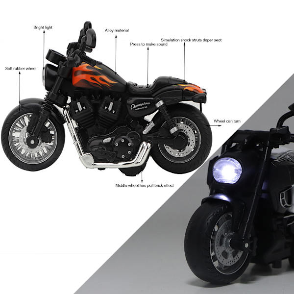 Elektrisk legetøjsmodel af motorcykel i legering med lys og musik til børn (sort)