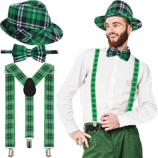 St. Patrick's Day Hat Grønn Rutete Stoff Fedora Hat Sløyfe og Bukseseler St. Patrick's Day Kostymer Tilbehør