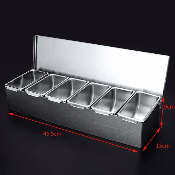 Sett med 6 krydderbokser i rustfritt stål 304, 600 ml, 45,5x15x9 cm