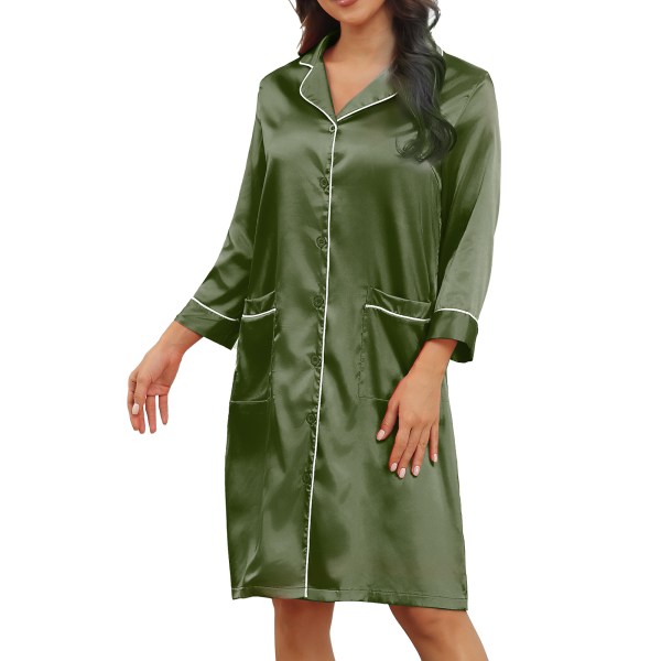 Women V Neck Nightshirt Pure Color Stylish Elegant Button Closure Nightgown Pajama Dress with Pocket OD Green XL