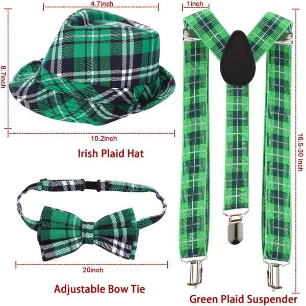 St Patrick's Day-hatt Grönt rutigt tyg Fedora-hatt fluga och hängslen St Patrick s' Day Kostymer Tillbehör