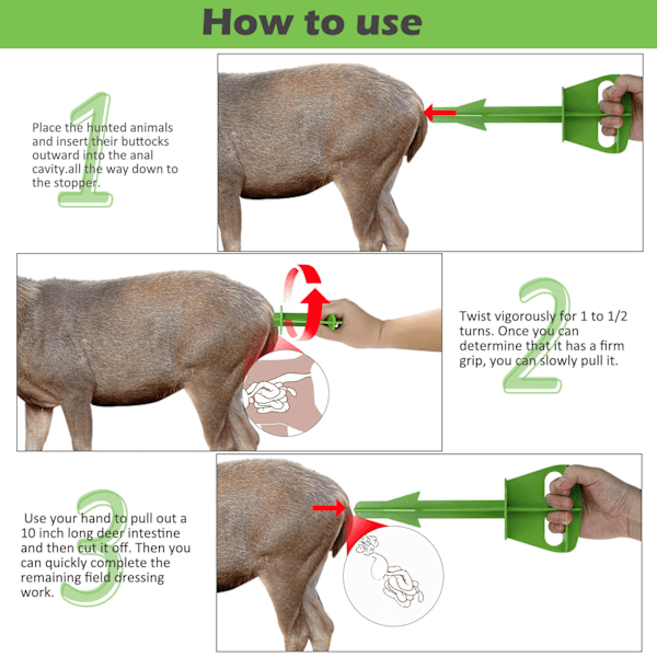 Butt Out-værktøj i plast til jægere, til rensning af endetarm hos hjorte og store husdyr, grøn