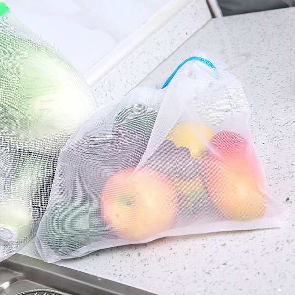 15 stk 3 størrelser snøring mesh poser gjenbrukbare diverse leketøy frukt grønnsak oppbevaring punch