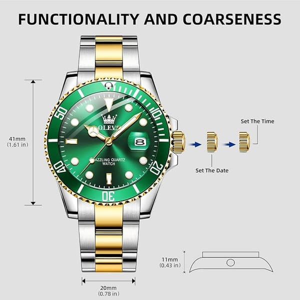 OLEVS Miesten Kellot Musta Green Dial/Gold Silver Band