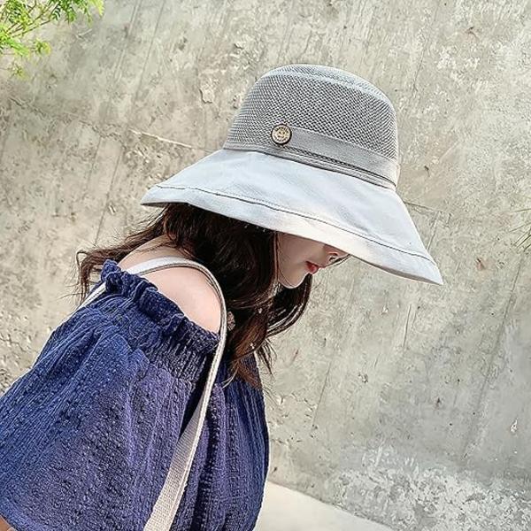 Sommer Mesh Solhatte til Kvinder UV Beskyttelse Bred Skygge Sammenfoldelig Strandhat Grå