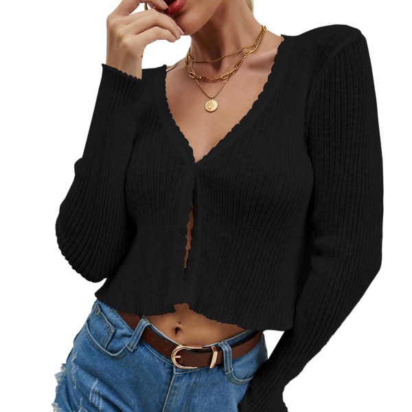 Knit Cardigan V Neck Long Sleeve Autumn Winter Simple Button Sweater Coat Knitwear Black S