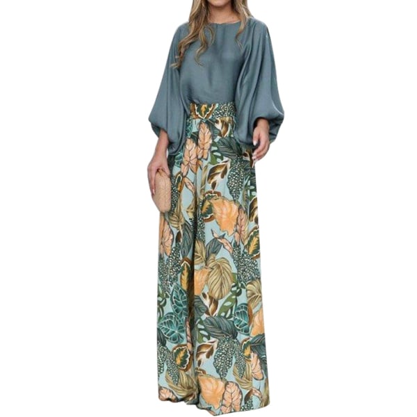 Women Casual 2 Piece Outfit Long Puff Sleeve Crewneck Top Blouse Floral Print Wide Leg Pants for Office Green M