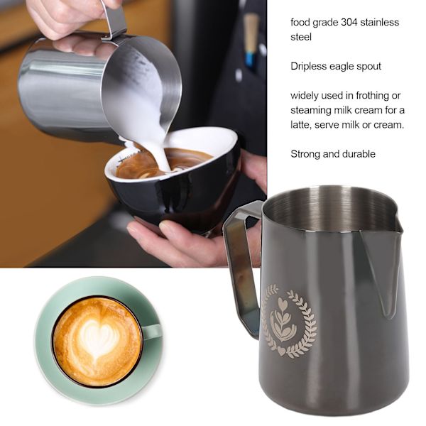 Melkeskummer i rustfritt stål, melkeskummerkanne, blandebeger, kanne for kaffedrikker, 450 ml, svart