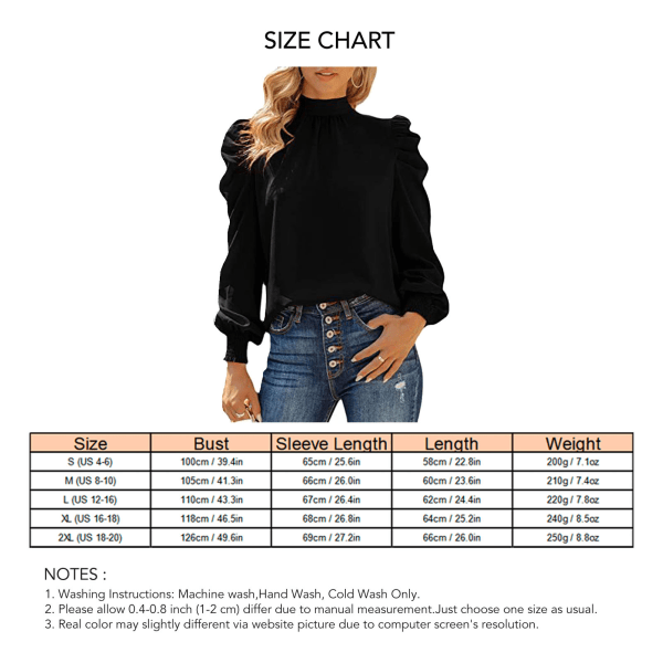 Women Long Puff Sleeve Tops Shirt Fashionable Elegant Loose Casual Pure Color High Neck Blouse for Work Black M
