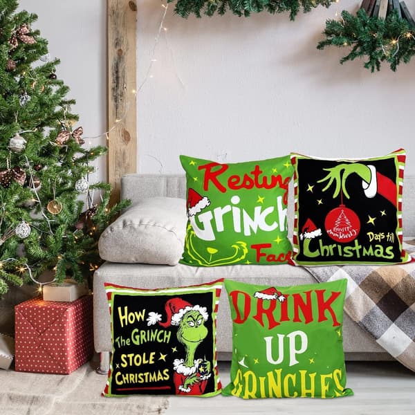 Set med 4 Grinch Julkuddöverdrag Set Juldekorationer Tillbehör