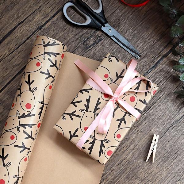 43cm x 9m 3 rullar julklappspapper rulle återvinningsbart brunt presentpapper med älg för julfester presenter
