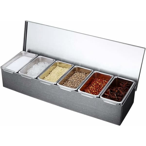 Sett med 6 krydderbokser i rustfritt stål 304, 600 ml, 45,5x15x9 cm