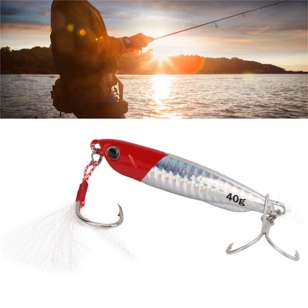 40g Metallfiske Lokke Langkastende Jigging Jernplate Hard Fake Bait med Dobbelkrok Fjær Rød Hode og Sølv Kropp