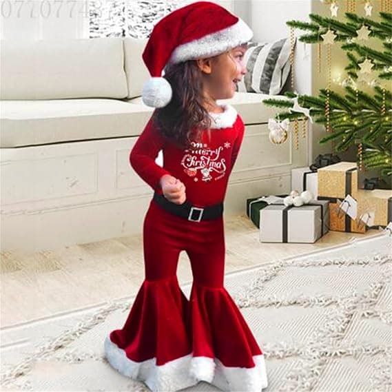 Julklädesset för flickor, Långärmad Sammet med Utsvängda Ben Jultomte Kostym 3 Delar Set