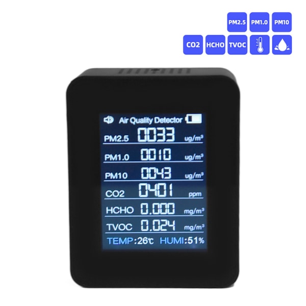8 i 1 luftkvalitetsmonitor med tyngdekraftsensor kuldioxiddetektor CO2 HCHO TVOC PM2.5 temperaturfugtighedstester