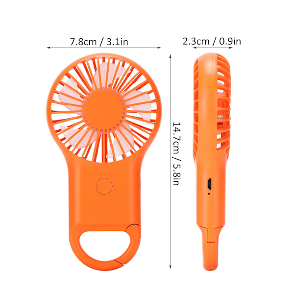 USB-laddningsbar handhållen bärbar fläkt 3 hastigheter justerbar minitrendig karbinhakefläkt orange