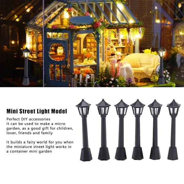6 stk Mini gatelyktmodell trygge mikroskopiske modellys for miniatyrdukkehus