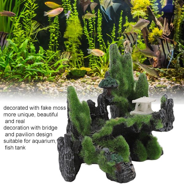 Akvarium Landskap Resin Simulering Flerbruks Mos Fjellutsikt Dekorasjon med Bro og Paviljong