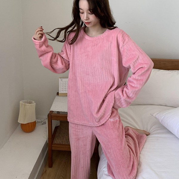 Autumn Winter Coral Fleece Pajamas Warm Thickened Flannel Pajamas Service Nightclothes for Home RoomDark Pink