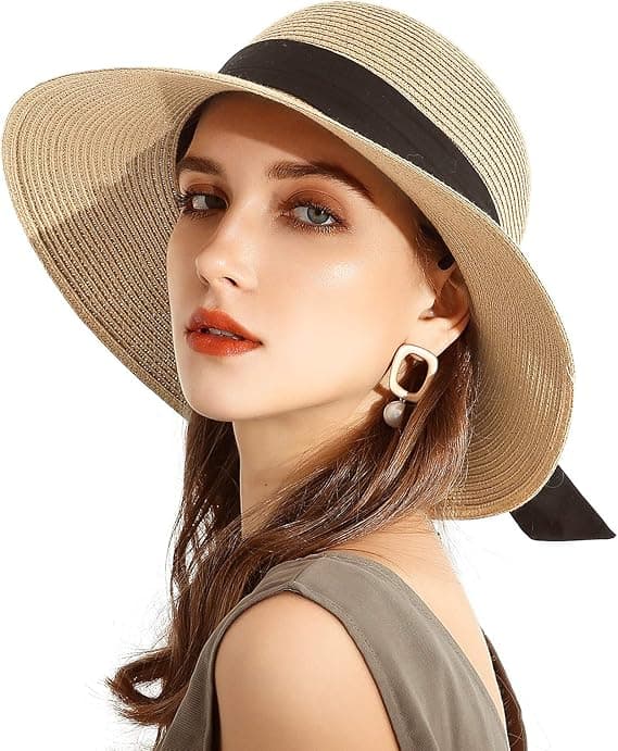 Dame strå solhatte bred skygge foldbare strandhatte UV UPF 50 Plus sommer sol rejsehat til kvinder sort sløjfe beige