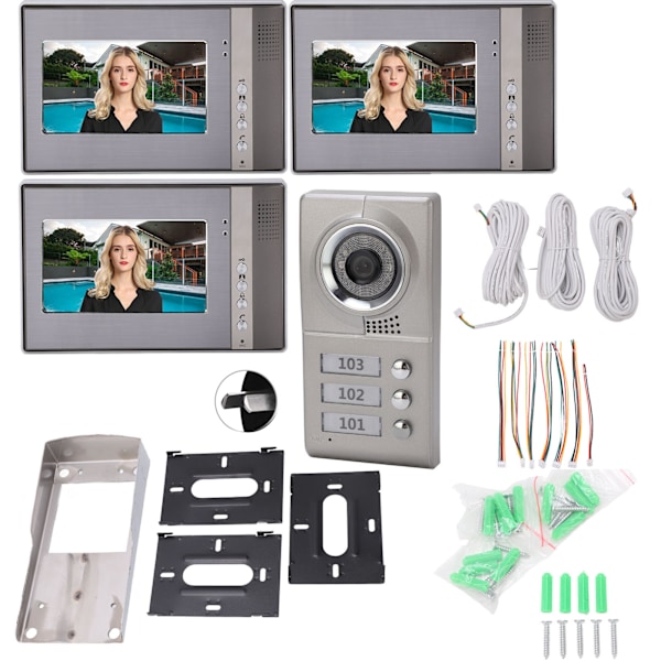 3 Lejlighedsenheder 7 tommer Videodørtelefon Intercom Dørklokke IR Kamera Indgangssystem (AU 110V‑240V)