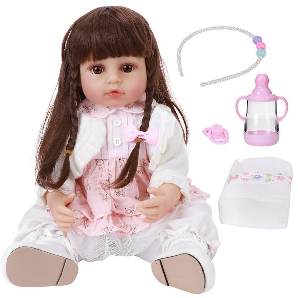 Helkrop Silicone Simulering Baby Doll Livagtig Baby Doll Børn Legetøj Fødselsdagsgave 55cm Brunt Hår