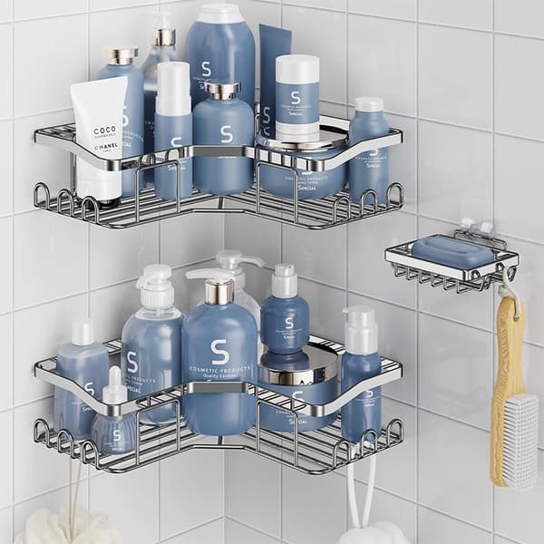 Duschkorg 3-pack Duschhylla Ingen borrning Badrumsväggförvaring med Duschsåphållare Silver 2 set