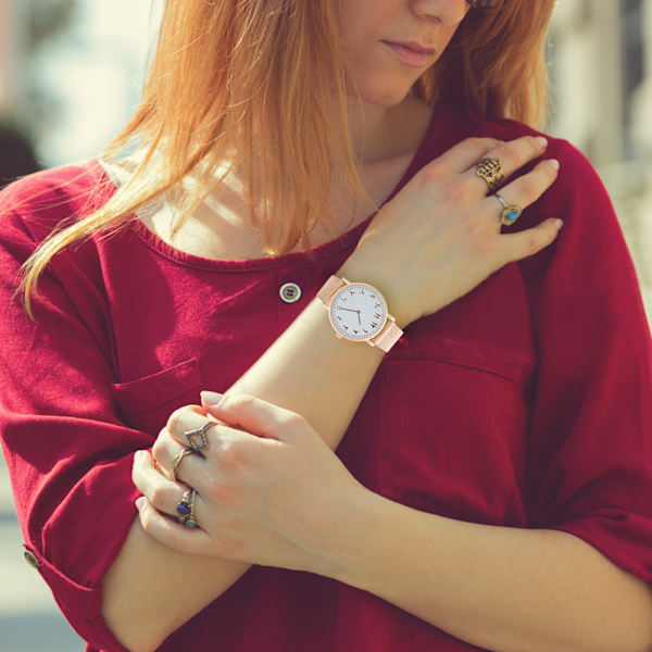 Quartz urværk rustfrit stål rem analogt rundt urskive ur armbåndsur (rosa guld)